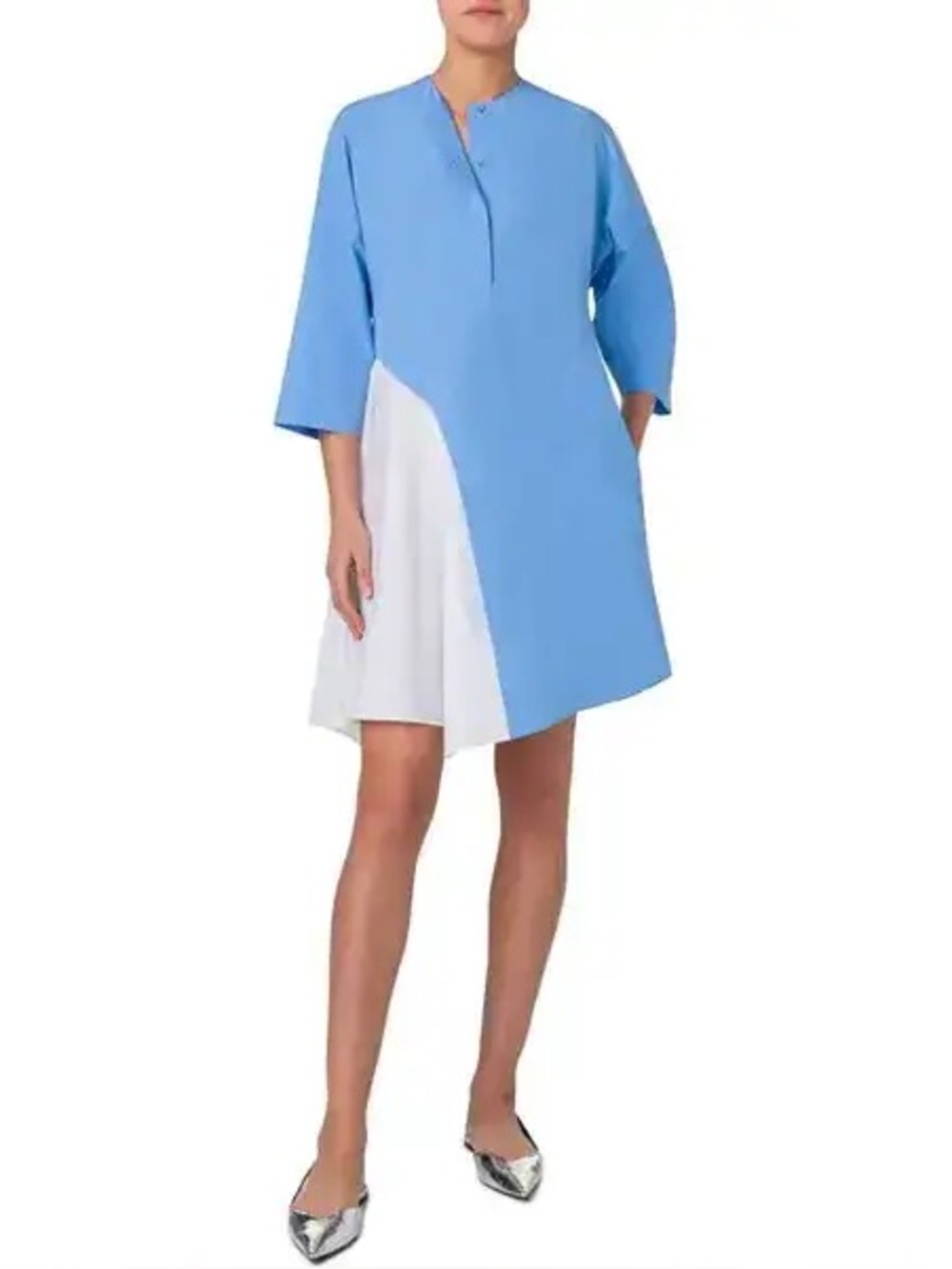 Akris Punto Asymmetric Two-Tone Cotton Poplin Mini Dress in sky-cream
